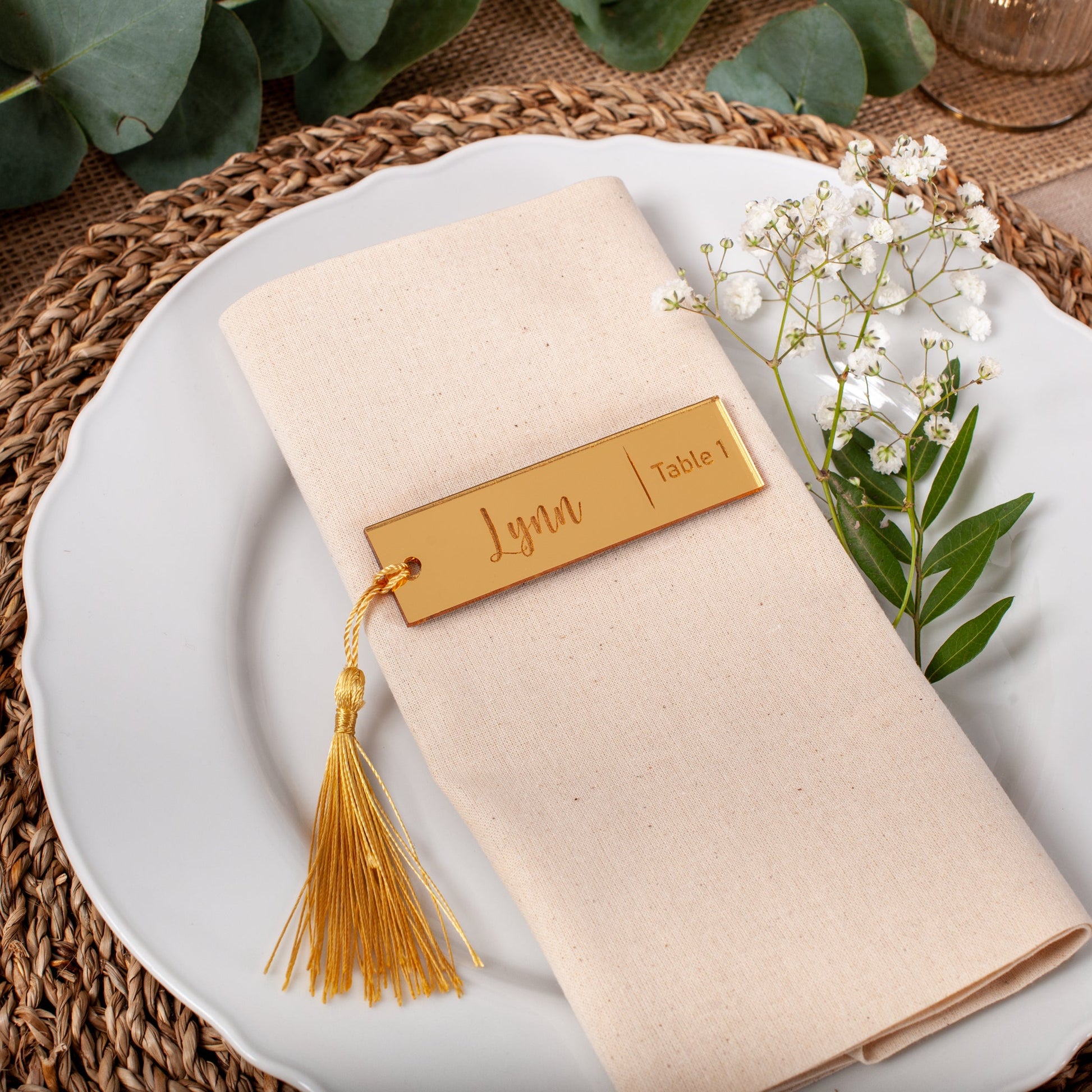 Personalised mirror acrylic place card engraved with name and table number