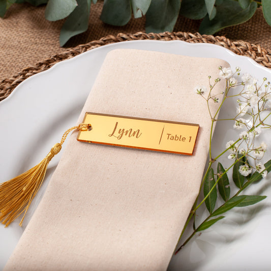 Gold mirror acrylic place card with table number for wedding table setting