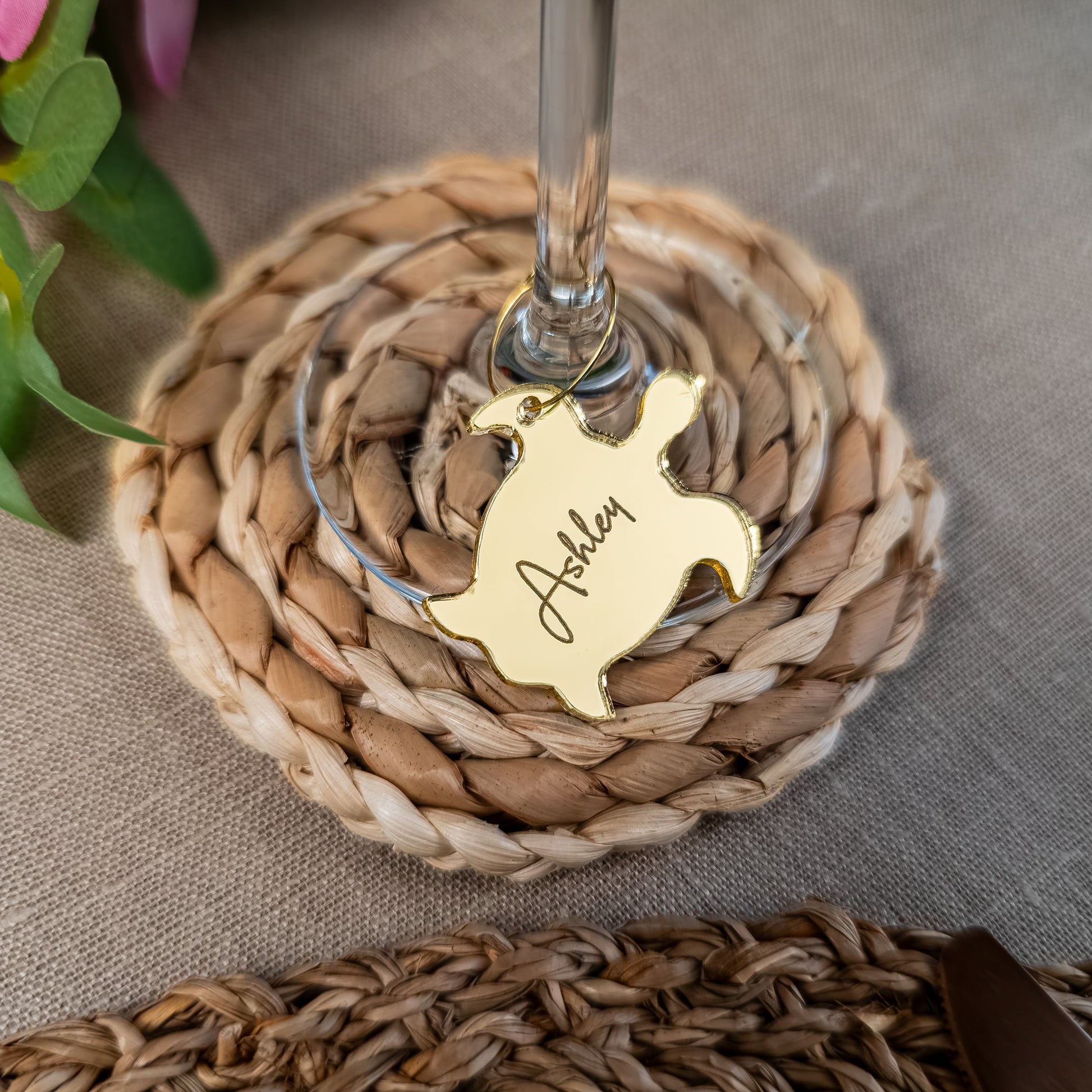 Personalised sea turtle place card engraved with guest name for beach wedding