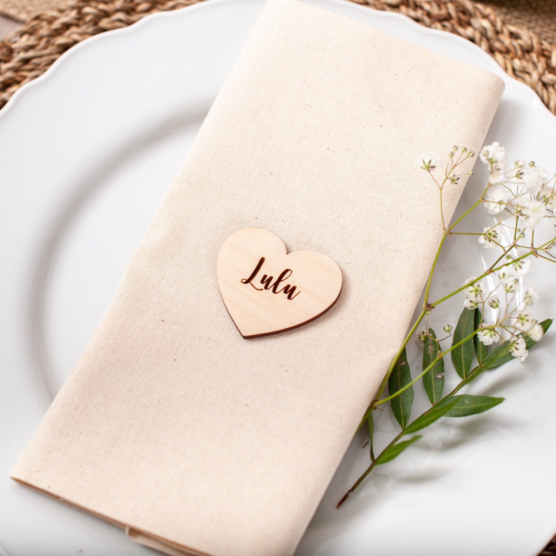 Personalised wooden heart name place for rustic wedding or party decor