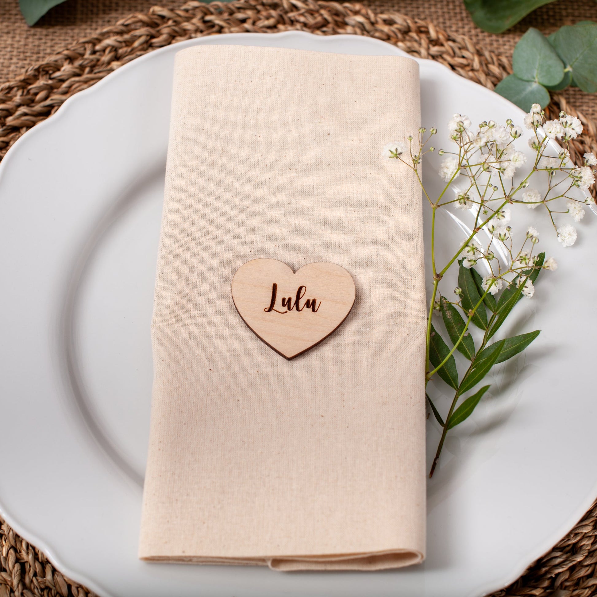 Wooden heart place card engraved for baby shower table setting with guest names