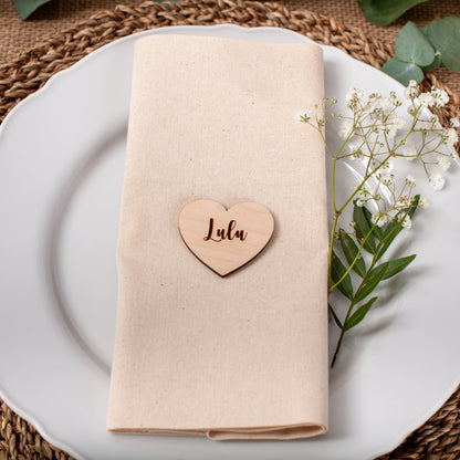 Wooden heart place card engraved for baby shower table setting with guest names