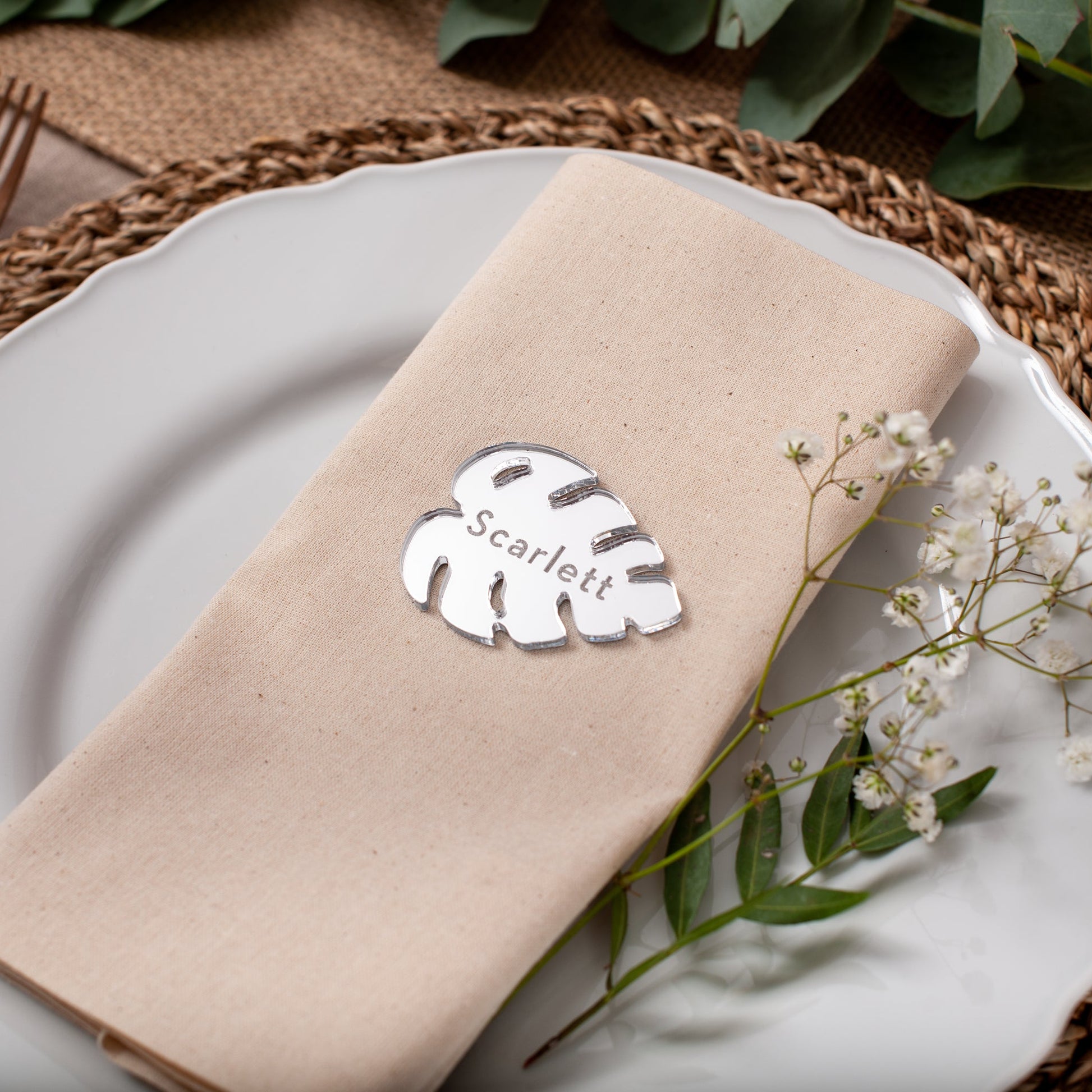 Silver mirror acrylic place card for modern wedding table setting