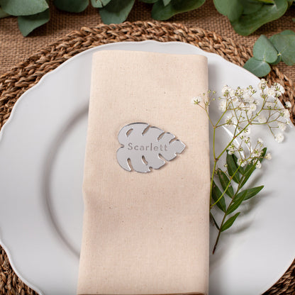 Engraved silver mirrored monstera leaf name place for party decor