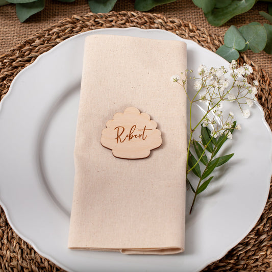Engraved wooden seashell name place for summer party or beach wedding decor