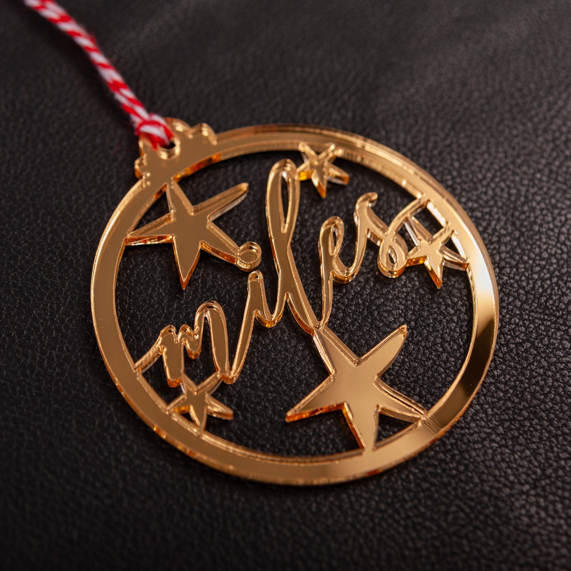 Personalised gold mirror acrylic cutout name Christmas bauble hanging on tree