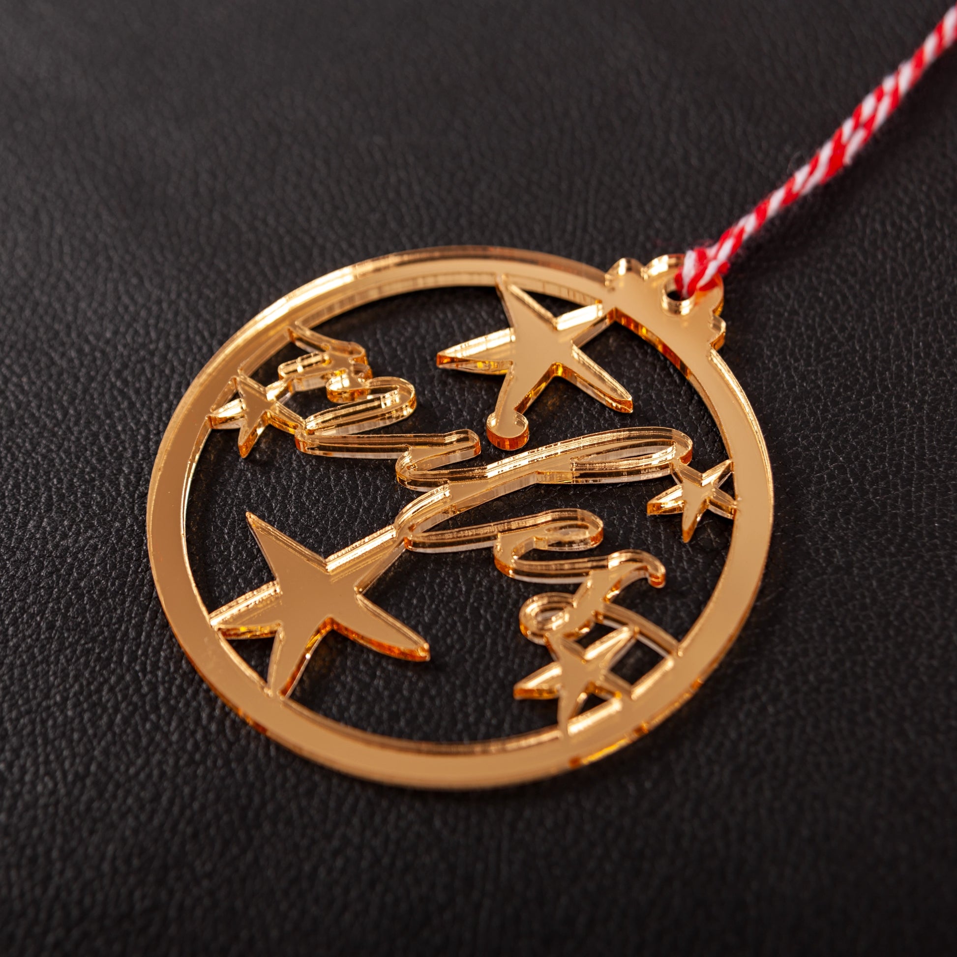 Rustic gold mirror acrylic personalised Christmas decoration with ribbon