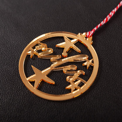 Rustic gold mirror acrylic personalised Christmas decoration with ribbon