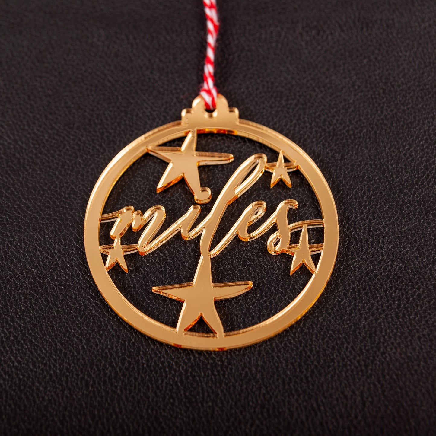 Laser cut gold acrylic mirror baby’s first Christmas ornament with name