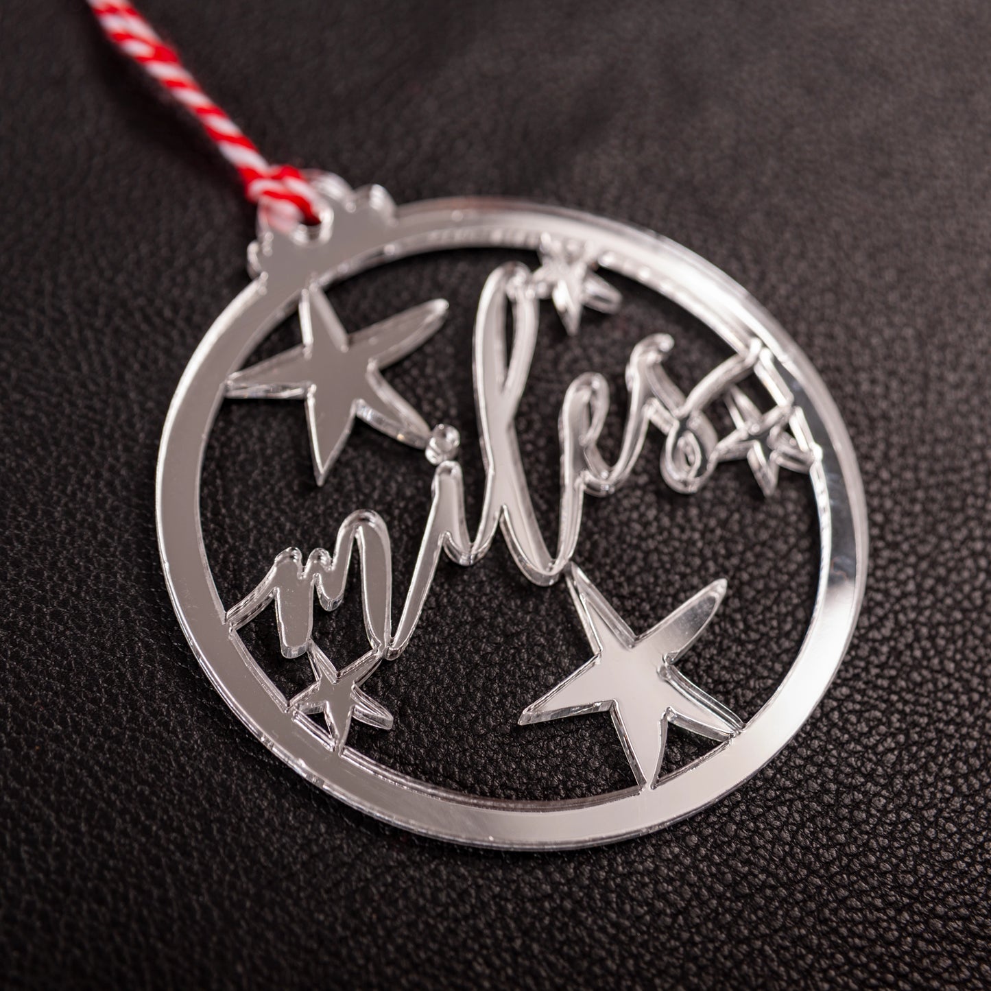 Rustic silver mirror personalised Christmas decoration with red and white cotton twine