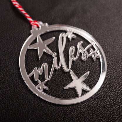 Rustic silver mirror personalised Christmas decoration with red and white cotton twine