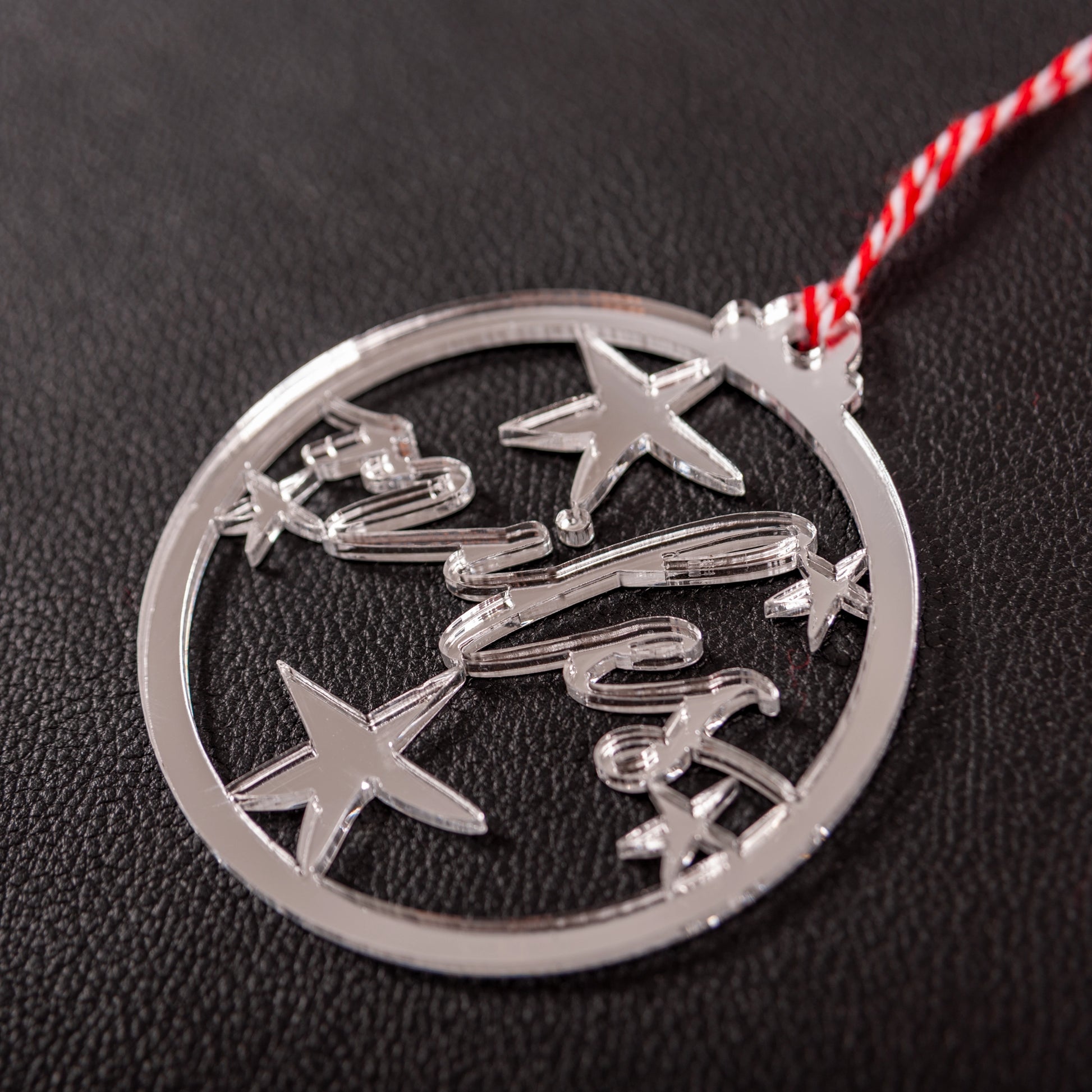 Custom name cutout bauble close-up showing fine details