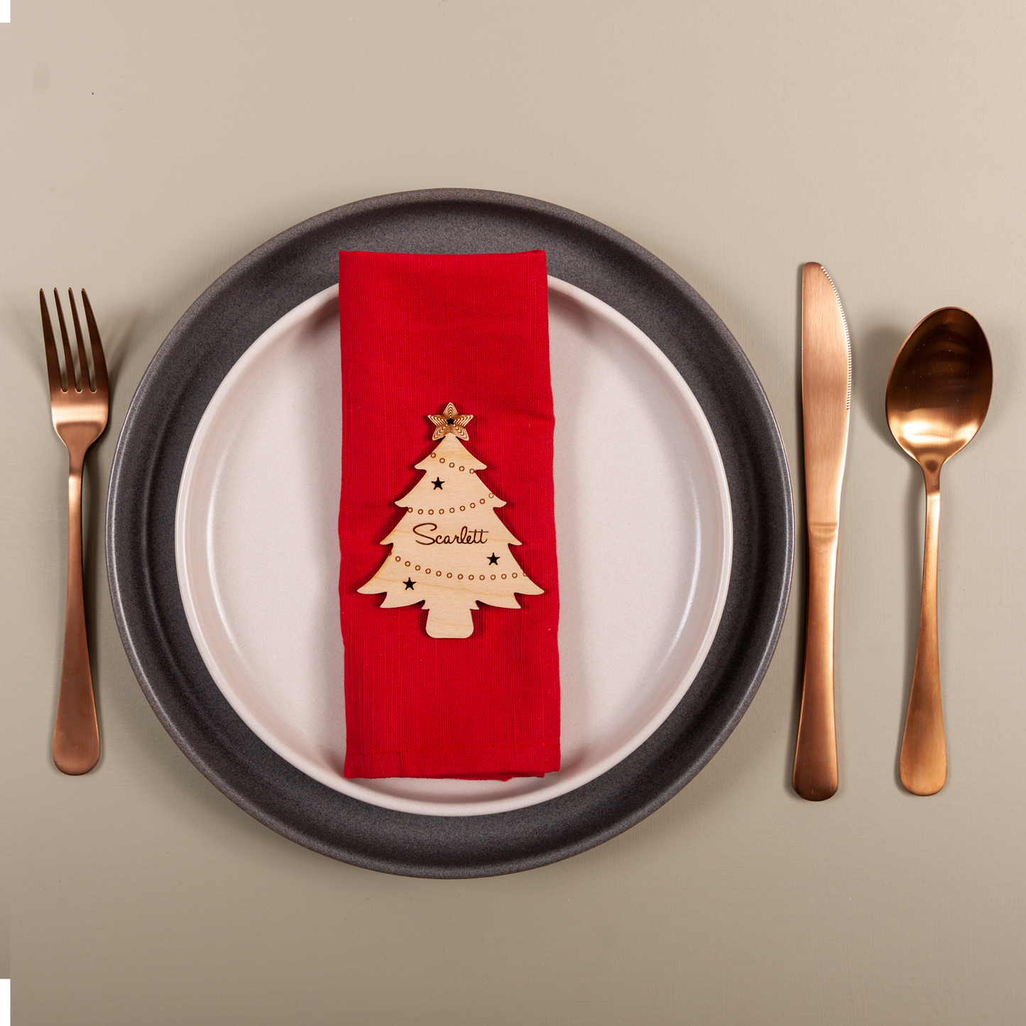 Laser cut wooden Christmas tree place card engraved with guest name