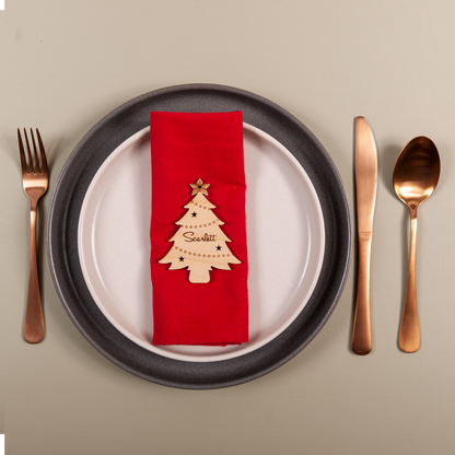Laser cut wooden Christmas tree place card engraved with guest name
