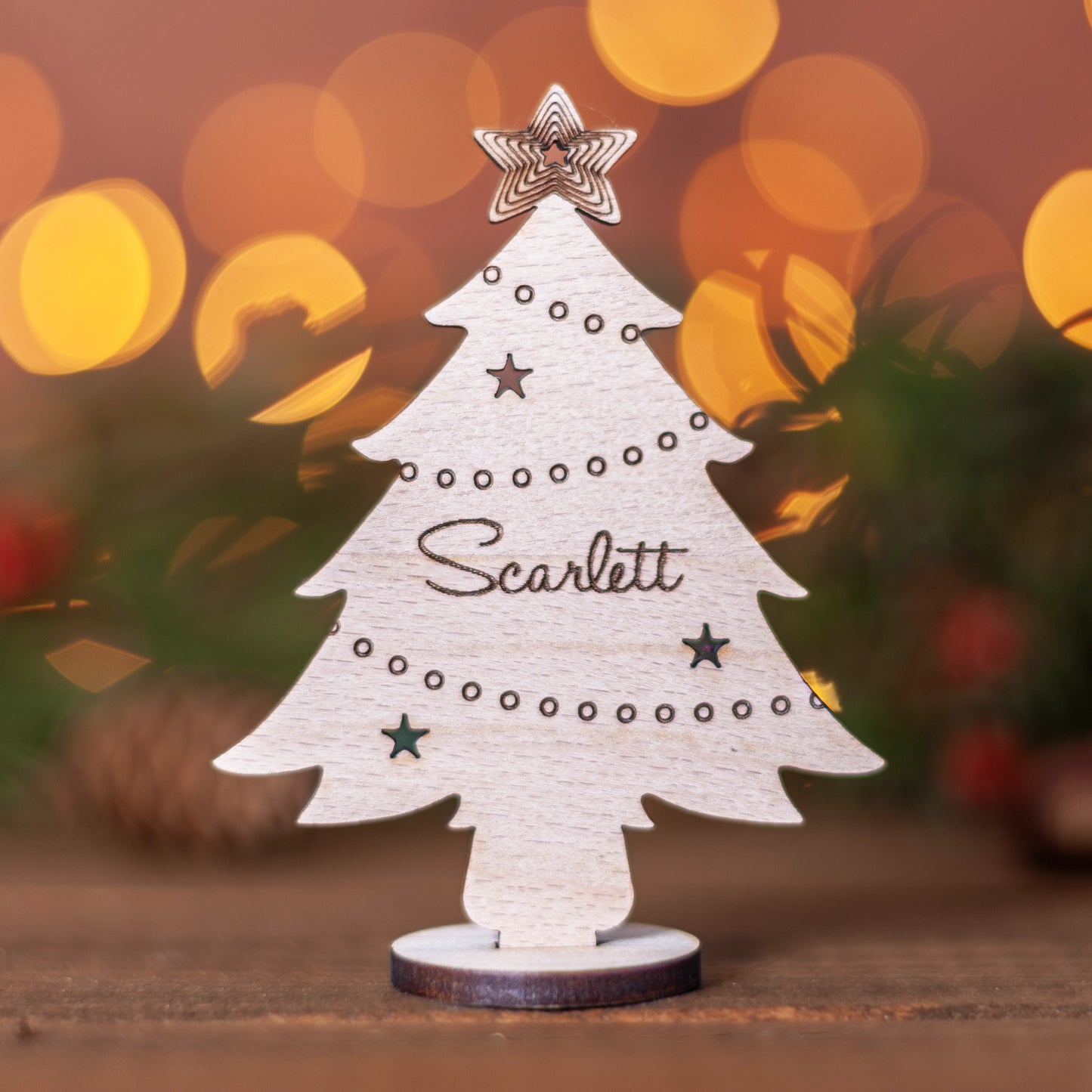 Personalised wooden Christmas tree place card for festive dinner table décor