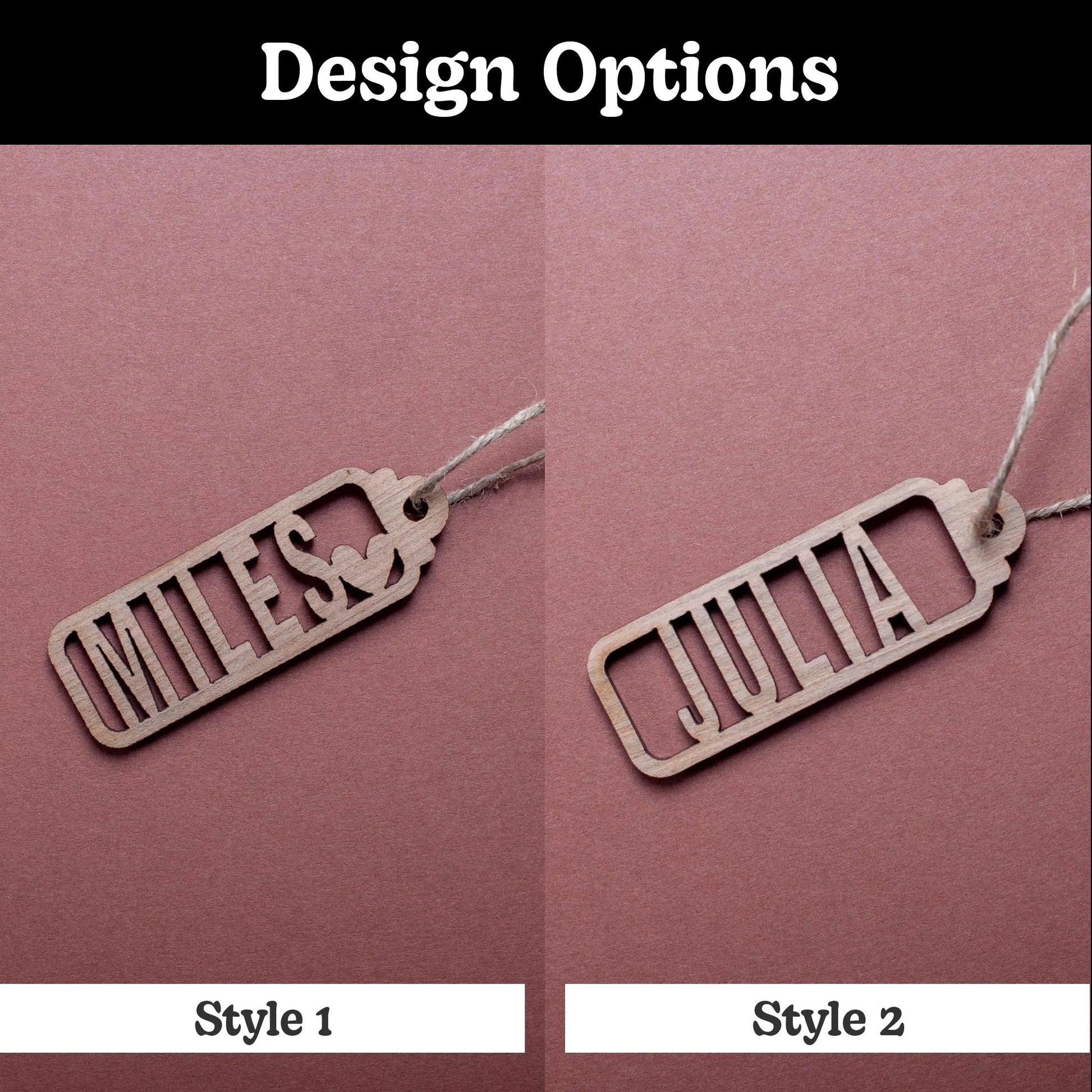 Two wooden name tags, 'MILES' and 'JULIA', on a pink background with 'Design Options' text.