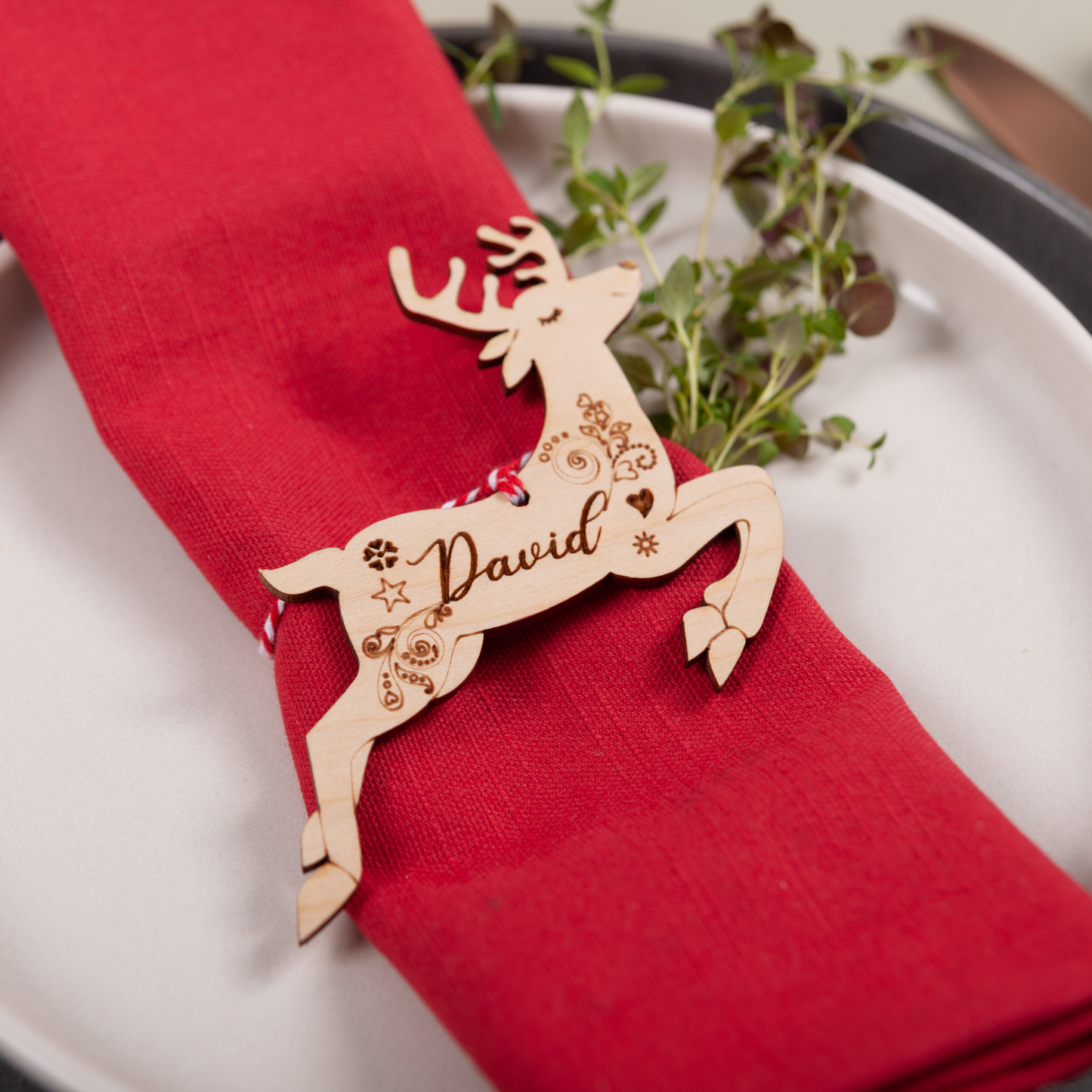 Personalised reindeer place name in wood for Christmas dinner table décor