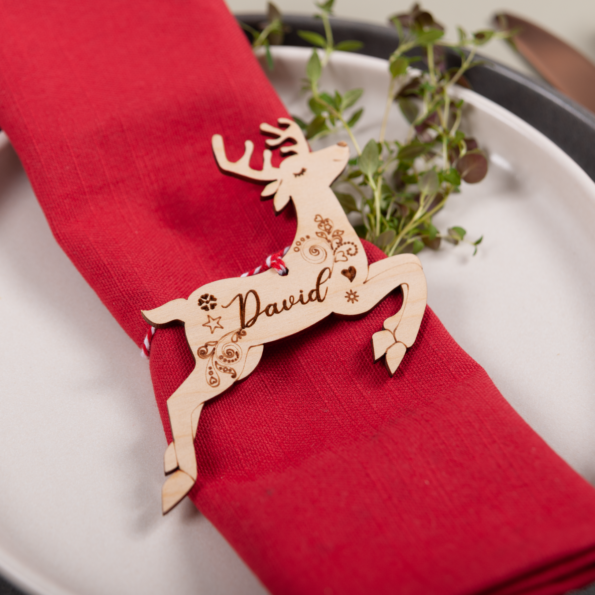 Personalised reindeer place name in wood for Christmas dinner table décor