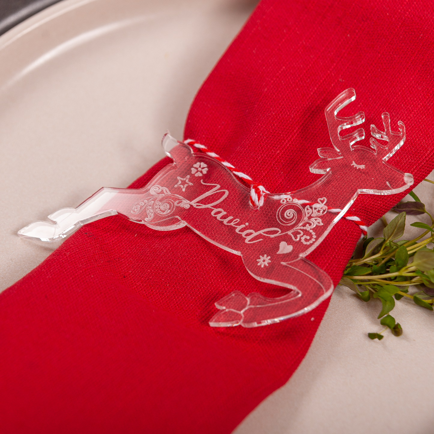 Luxury Clear Acrylic Christmas table with engraved reindeer name decorations for hosting