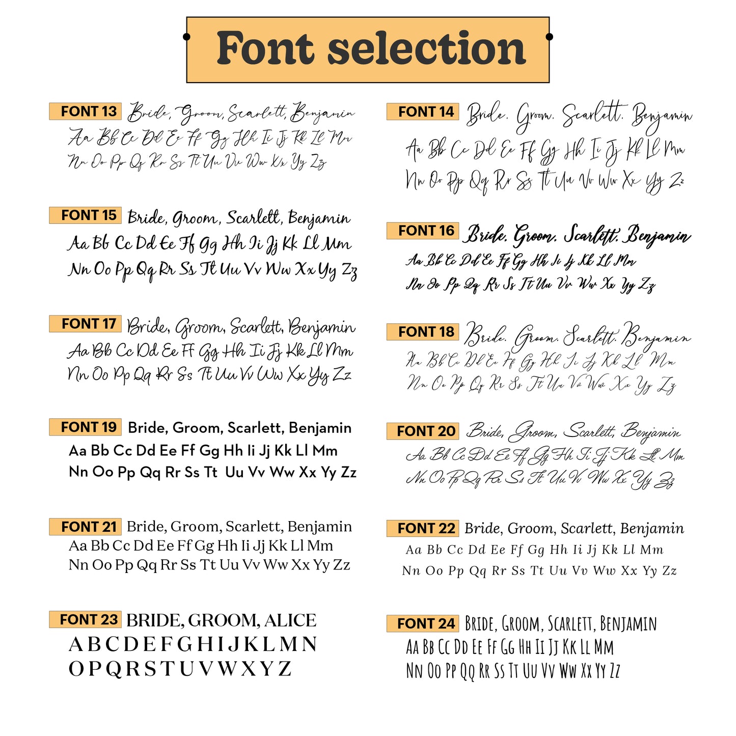Font selection chart with various fonts displayed on a white background