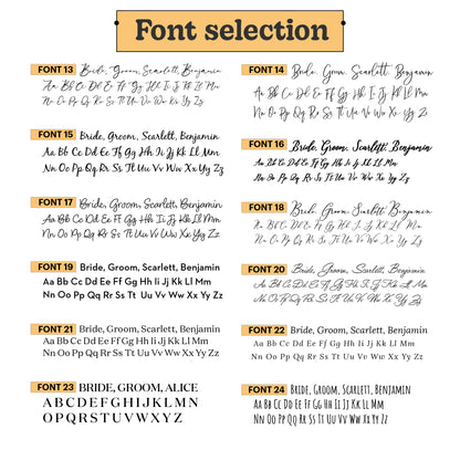 Font selection chart with various fonts displayed on a white background